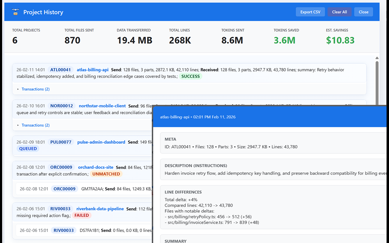 CodeDrop history page showing project records and transaction overlay details