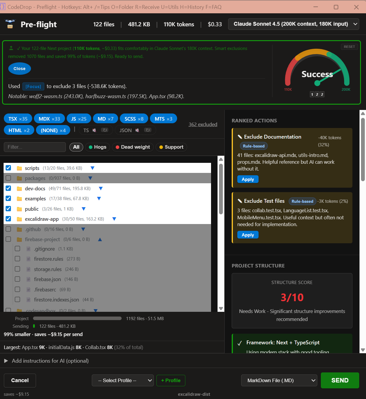 CodeDrop Pre-flight interface showing file selection and token compression