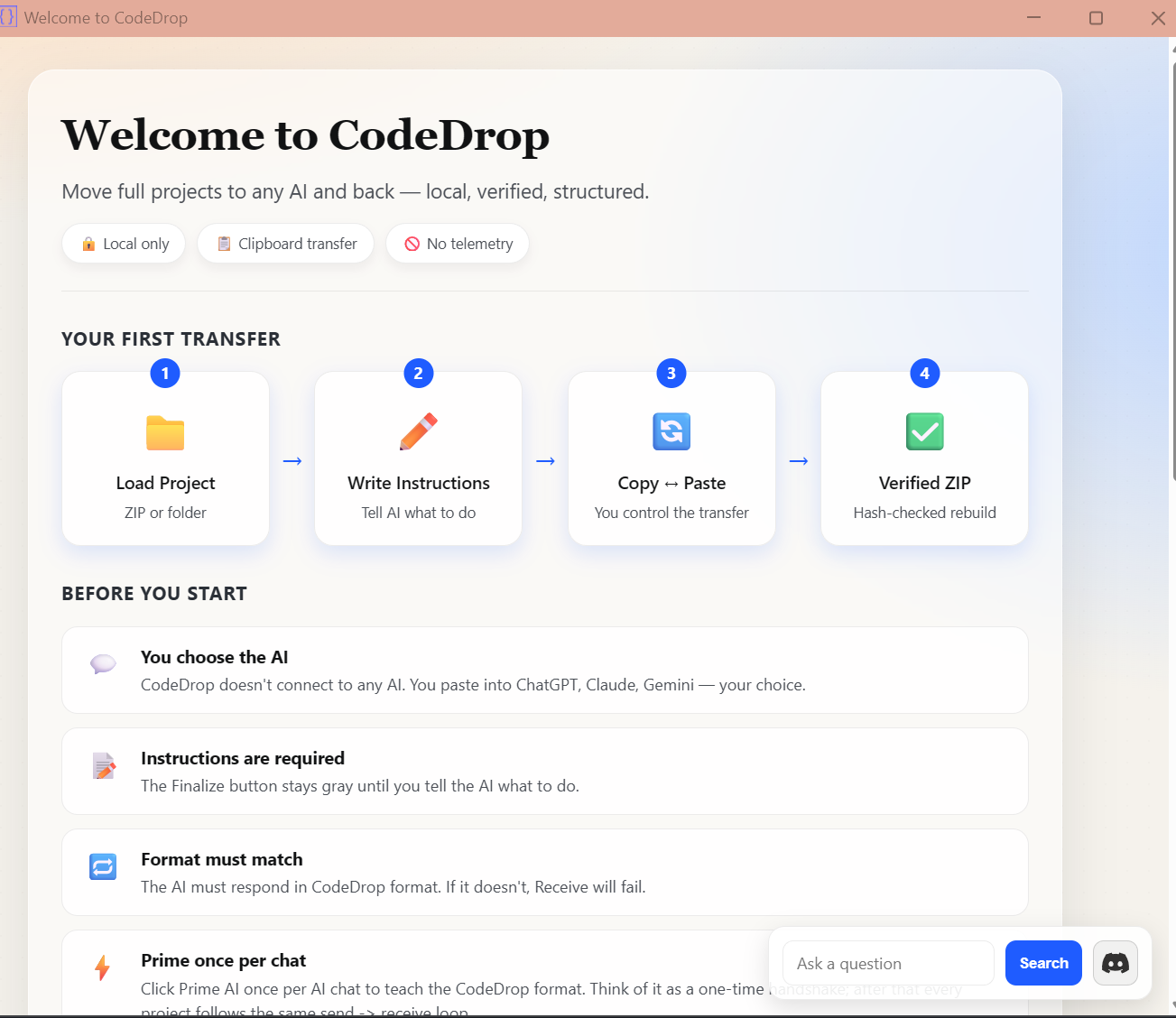 CodeDrop welcome page showing onboarding workflow